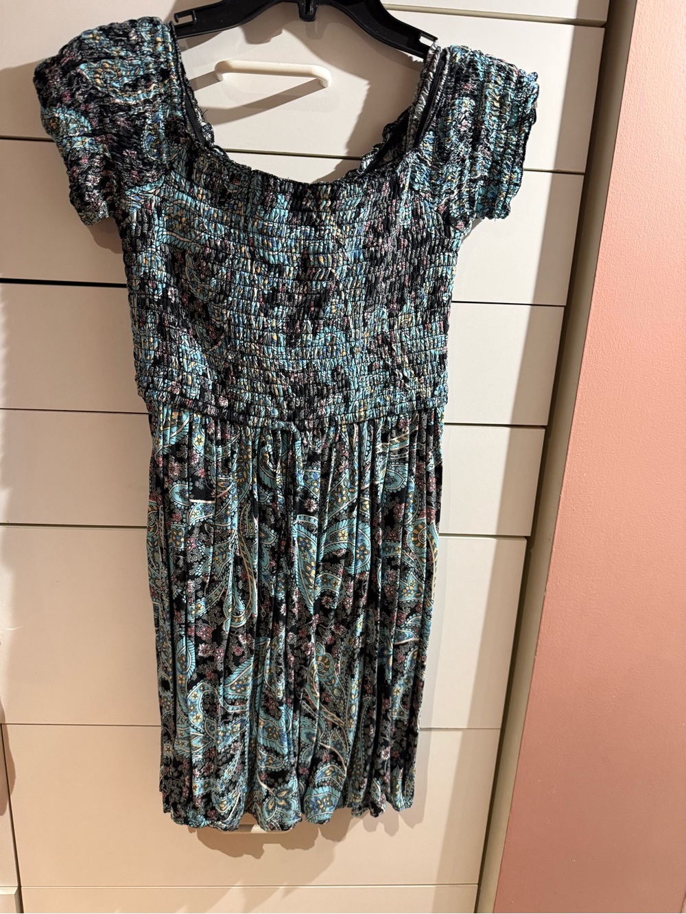 Xhilaration Teal and Black Smocked Paisley Mini Dress